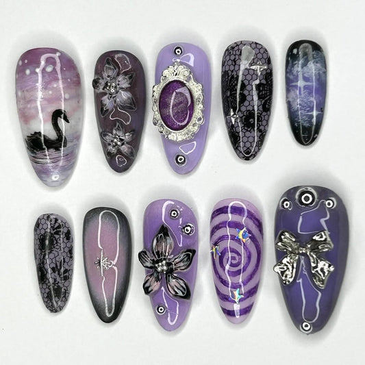 Midnight Enchantress 3D Press On Nails with Swan, Flowers and Lace
