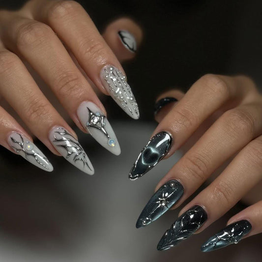 Midnight Silver 3D Press On Nails
