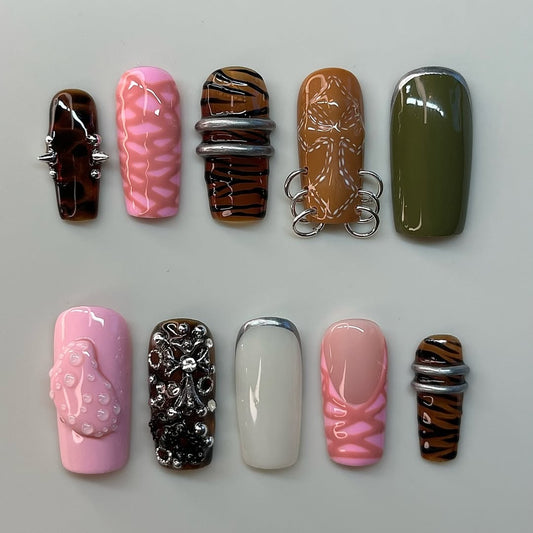 Mixed Texture Abstract Press On Nails with Pink, Brown, and Tiger Print Design