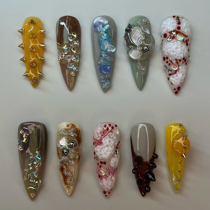 Mixed Texture Artistic Press On Nails with Metallic Spikes and 3D Abstract Details