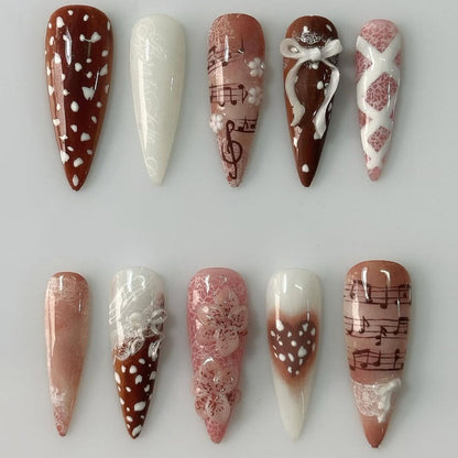 Mocha Music Floral Stiletto Handmade Press On Nails Set