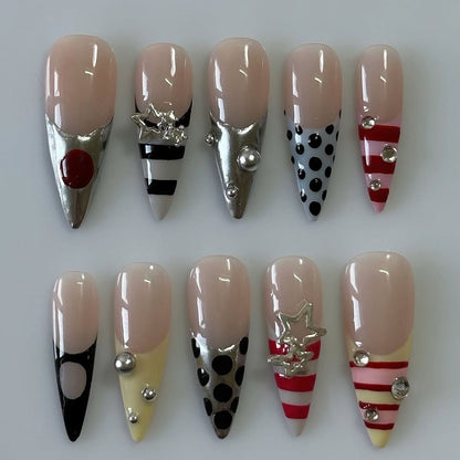 Modern Graphic Press On Nails Nude Silver Polka Dot Set