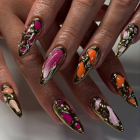 Molten Metal Abstract Press On Nails with Gold Frame, Neon Pink & Orange Glow