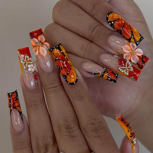 Monarch Bloom Press On Nails - Fiery Monarch Butterfly Press Nails