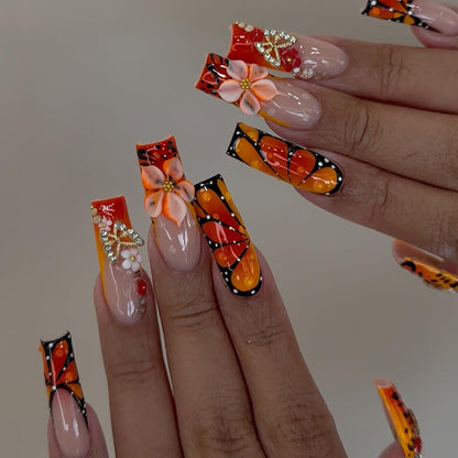 Monarch Bloom Press On Nails - Fiery Monarch Butterfly Press Nails