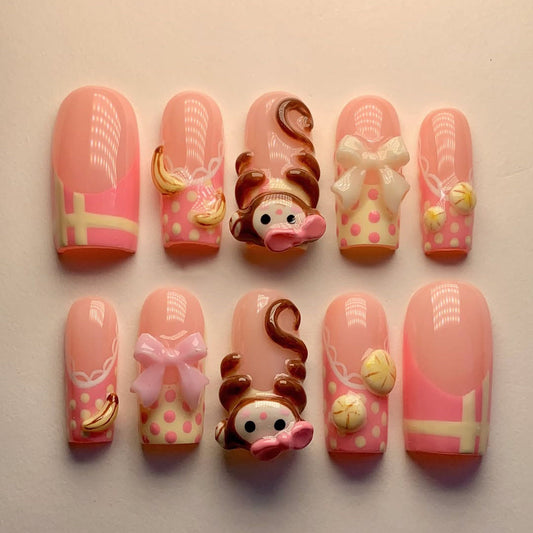Monkey Banana Cute 3D Pink Press On Nail Set