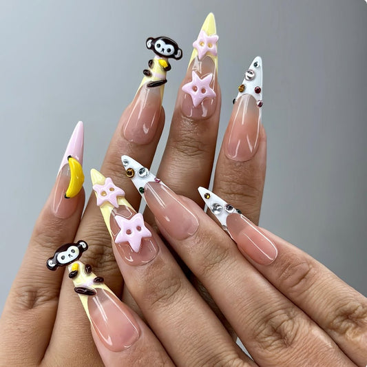 Monkey Fun 3D Press On Nails with Bananas, Stars and Cartoon Accents