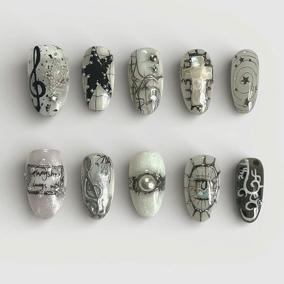 Monochrome Silver Press On Nails Abstract Star Cross Art Set