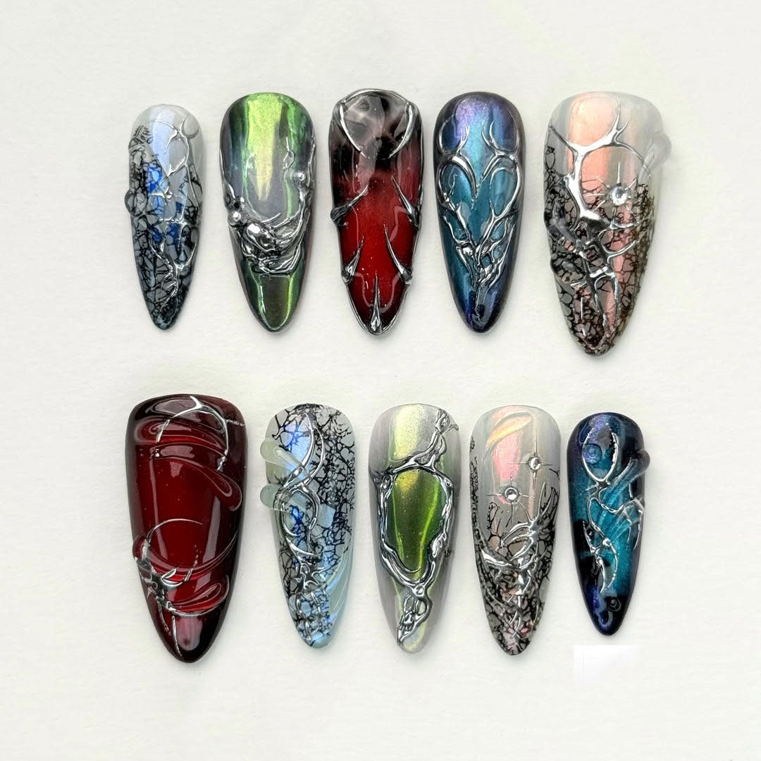 Multicolor Holographic Stiletto Press On Nails Metallic Art