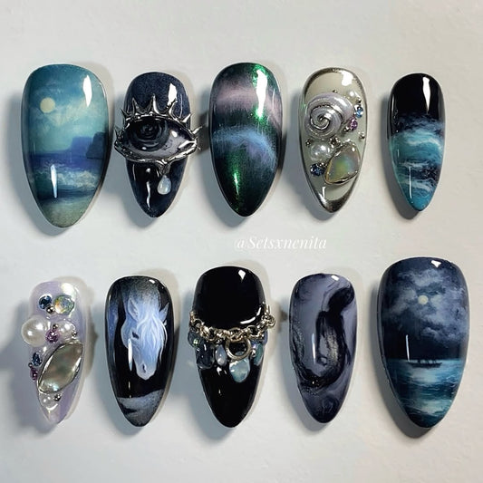 Mystic Ocean Press-On Nails with Moon and 3D Art