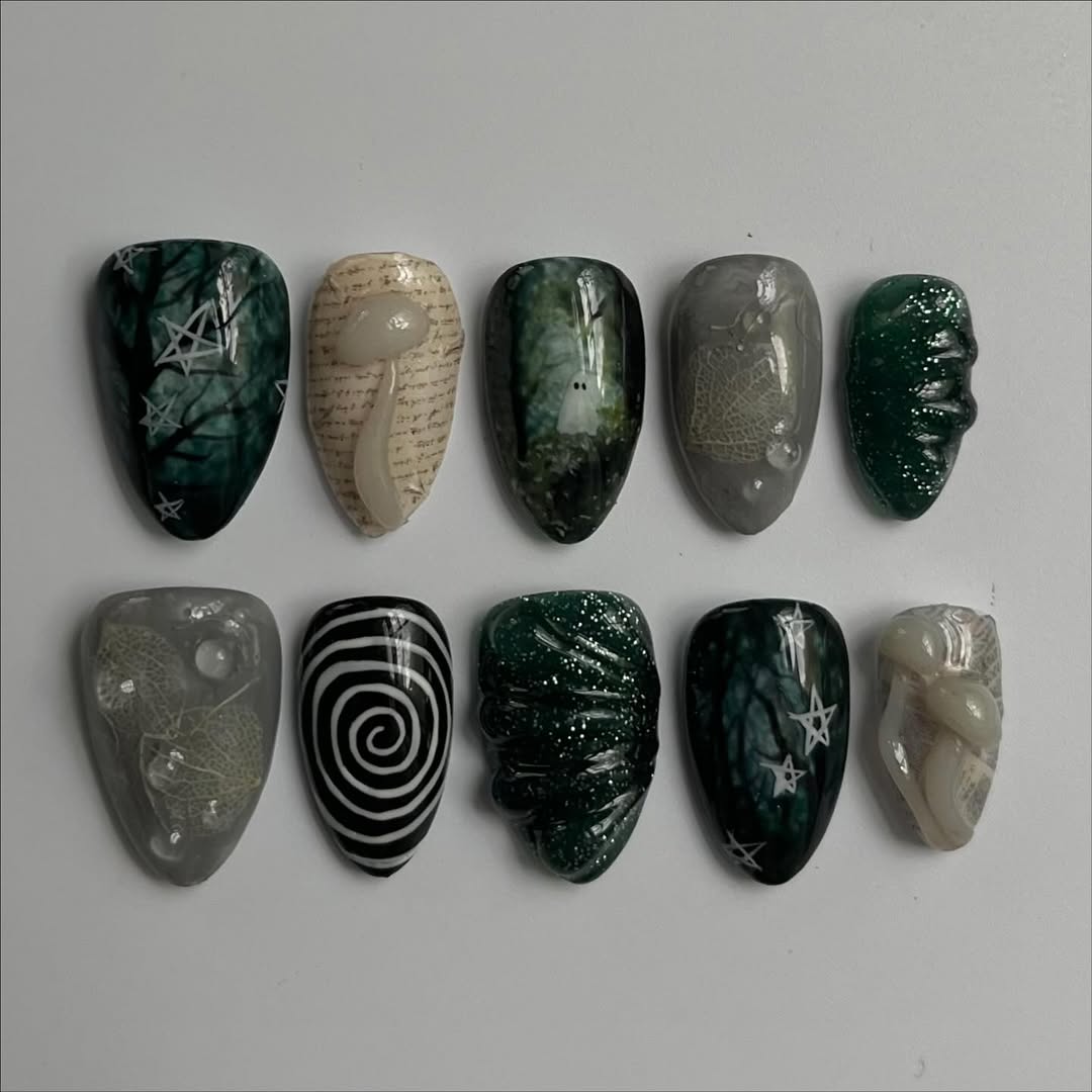 Mystical Dark Forest Press-On Nails with Ghost, Mushroom and Spiral