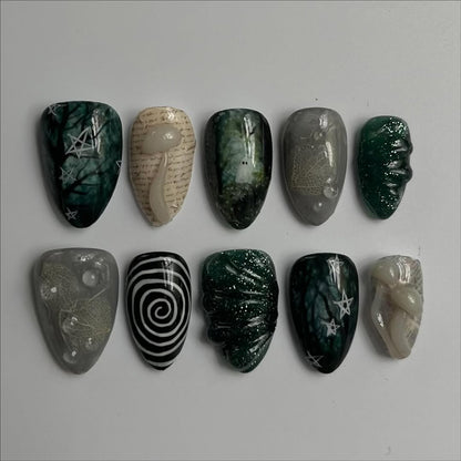 Mystical Dark Forest Press-On Nails with Ghost, Mushroom and Spiral