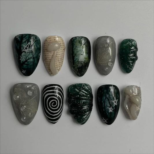 Mystical Dark Forest Press-On Nails with Ghost, Mushroom and Spiral