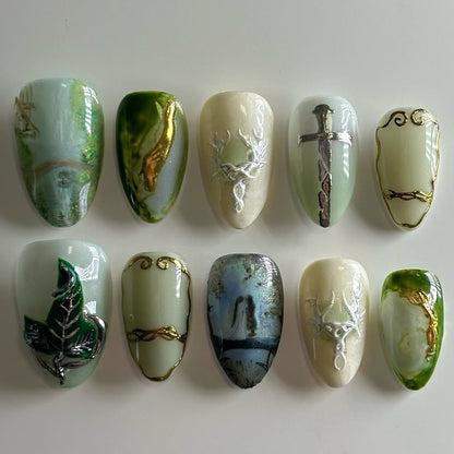 Mystical Elven Forest Press-On Nails with Fantasy Sword & Nature Art