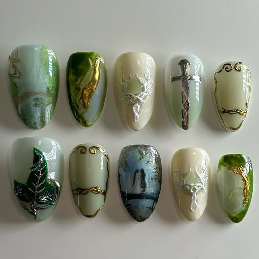 Mystical Elven Forest Press-On Nails with Fantasy Sword & Nature Art