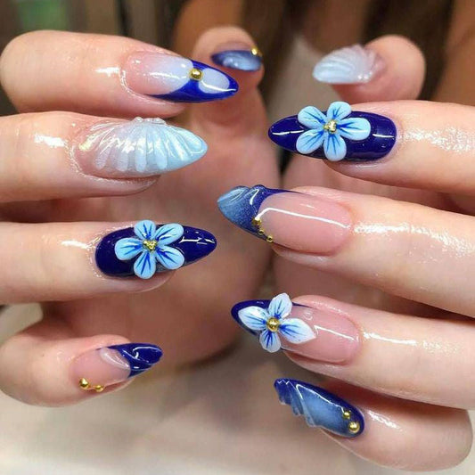 Navy Blue Blossom 3D Floral Press On Nails