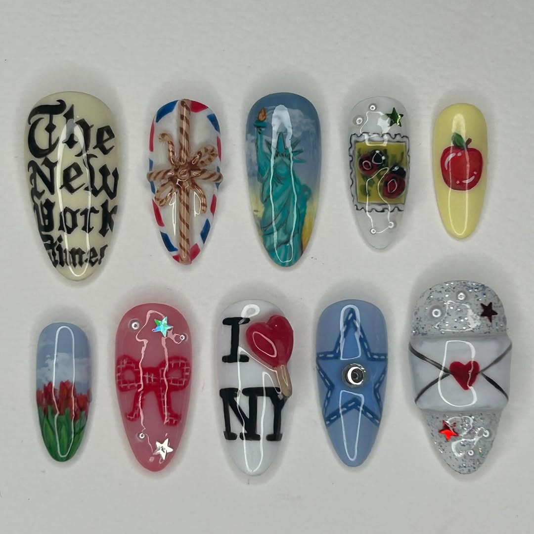 New York City Press On Nails with Statue, Letter, and Apple Art