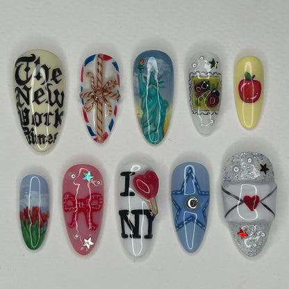 New York City Press On Nails with Statue, Letter, and Apple Art