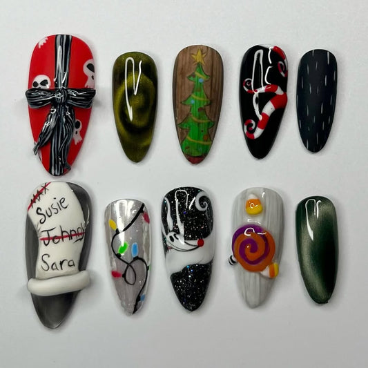 Nightmare Before Christmas Press-On Nails with Skulls, Lights, and Candy