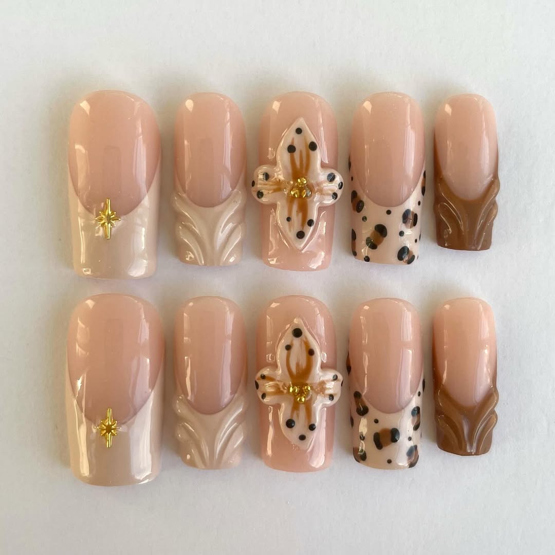 Nude Brown Leopard Press On Nails with 3D Floral Accent Art