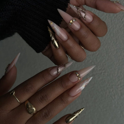 Nude Gold Marble Stiletto Press On Nail Set Elegant Minimal Luxury Design