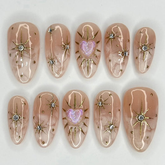 Nude Gold Star Press On Nails Heart Glow Elegant Art Set