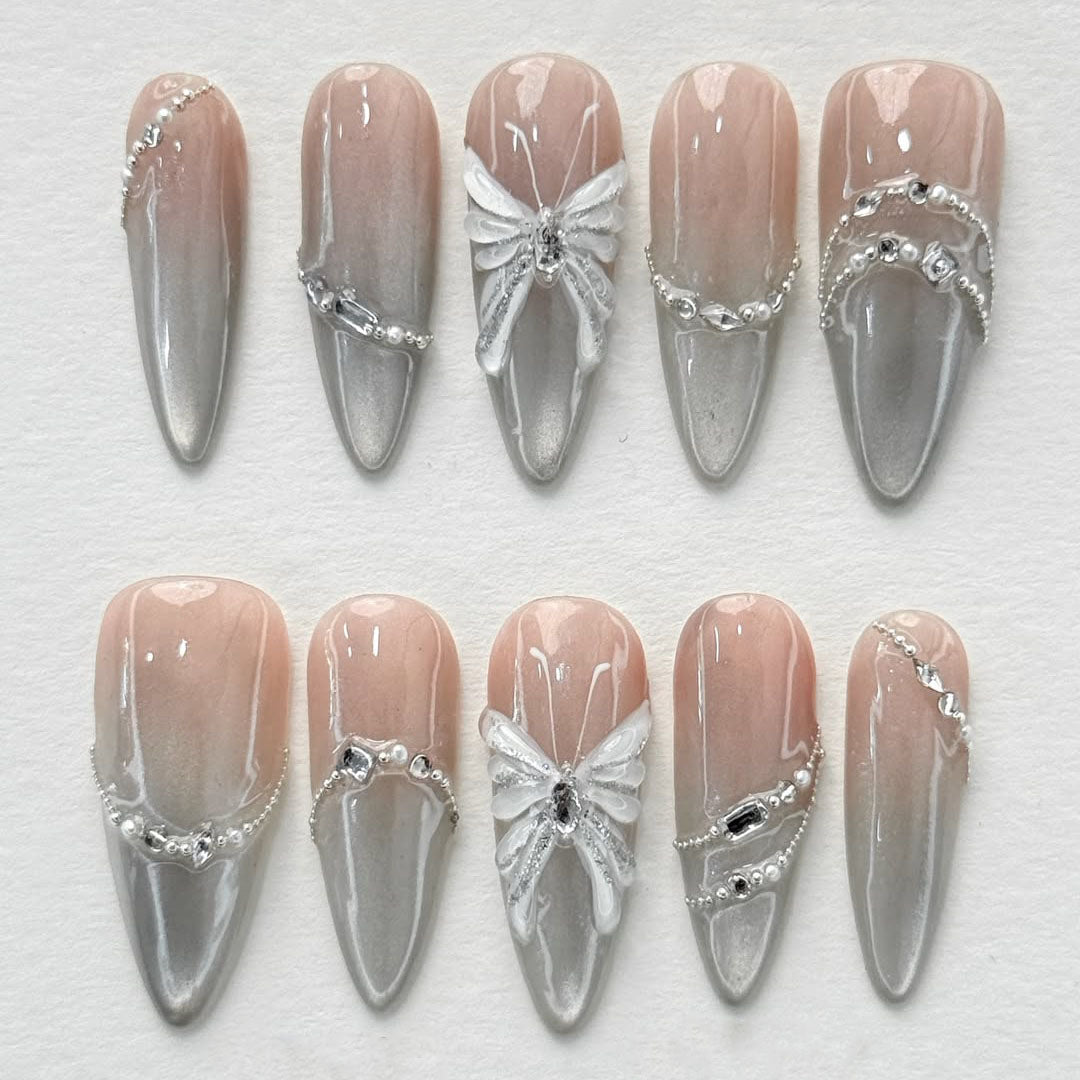 Nude Ombre Silver Jewelry Chain Rhinestone Stiletto Handmade Press On Nails