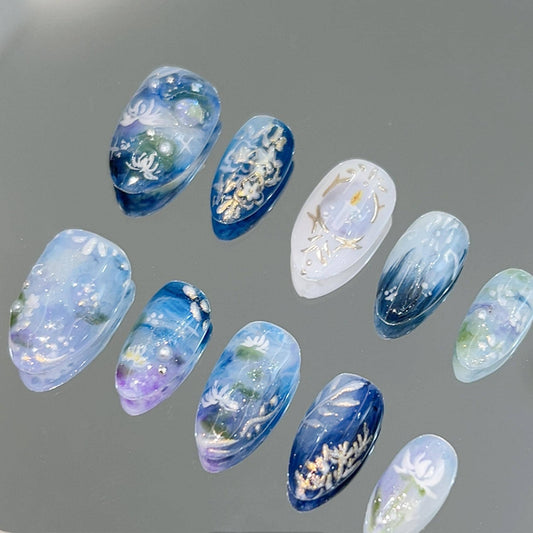 Ocean-Inspired Nail Art Set - Blue Floral Press-On Nails