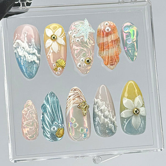 Ocean Bloom Shell 3D Press On Nail Set