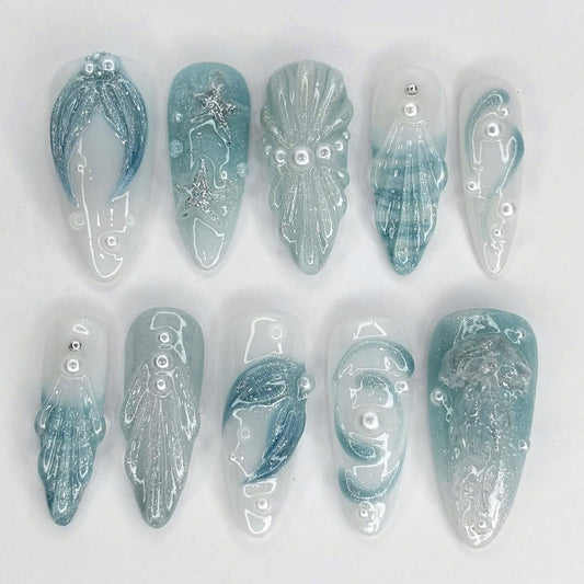 Ocean Dream 3D Press-On Nails with Pearl & Starfish Accents
