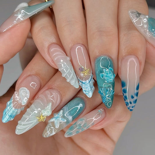 Ocean Fantasy Press On Nails with 3D Shell & Starfish Design
