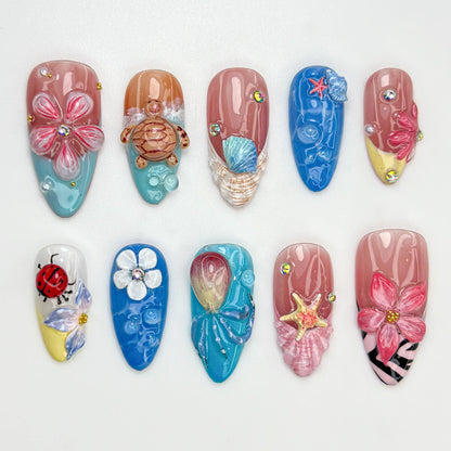 Ocean Floral 3D Nail Art - Turtle & Starfish Designs, Acrylic Nails