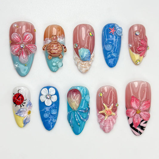 Ocean Floral 3D Nail Art - Turtle & Starfish Designs, Acrylic Nails