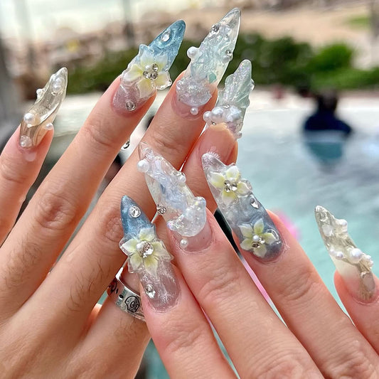 Ocean Floral Sculpted Pearl Luxury Handmade Press On Set