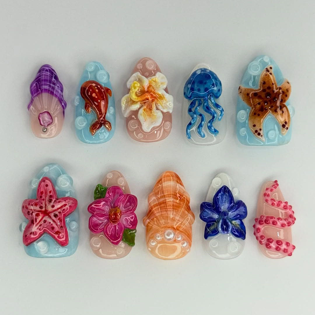 Ocean Paradise 3D Press On Nails Handmade Art Set