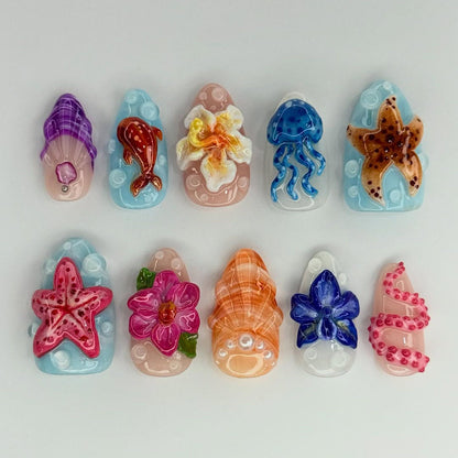 Ocean Paradise 3D Press On Nails Handmade Art Set