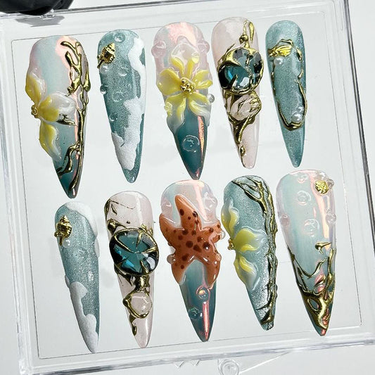 Ocean Pearl Starfish Floral Press On Nails Set