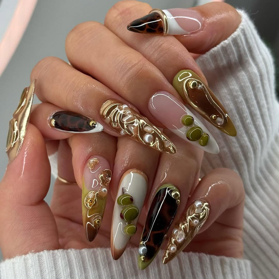 Olive Gold Abstract Sculpted Stiletto Nails with Glossy Pearl and Tortoise Details