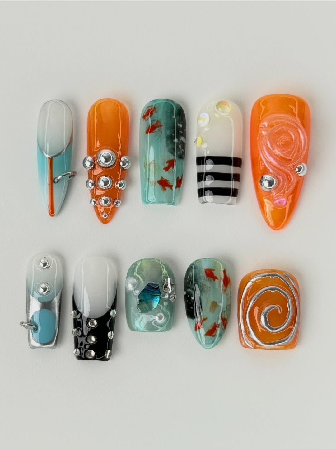 Orange Teal Abstract Press On Nails Modern Art Statement Set