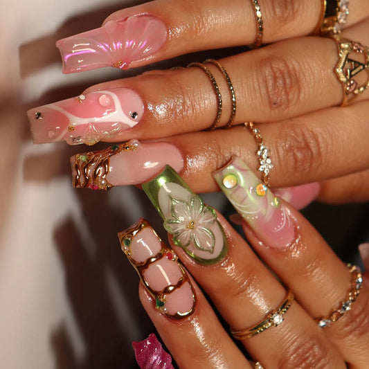 Orchid Garden Luxe Press-On Nails with 3D Shell and Candy Swirls