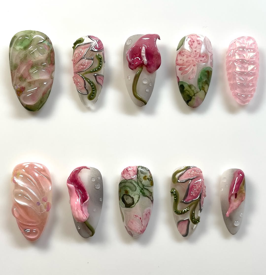 Organic Floral Jelly Press On Nail Set Pink Green Botanical Art