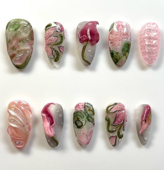 Organic Floral Jelly Press On Nail Set Pink Green Botanical Art
