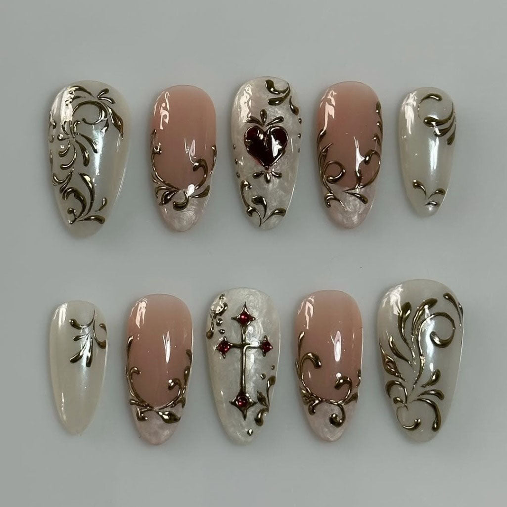 Ornate Gold Relief Press On Nails Handmade Elegant Nude Set