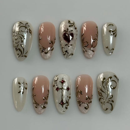 Ornate Gold Relief Press On Nails Handmade Elegant Nude Set