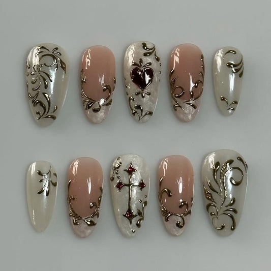 Ornate Gold Relief Press On Nails Handmade Elegant Nude Set