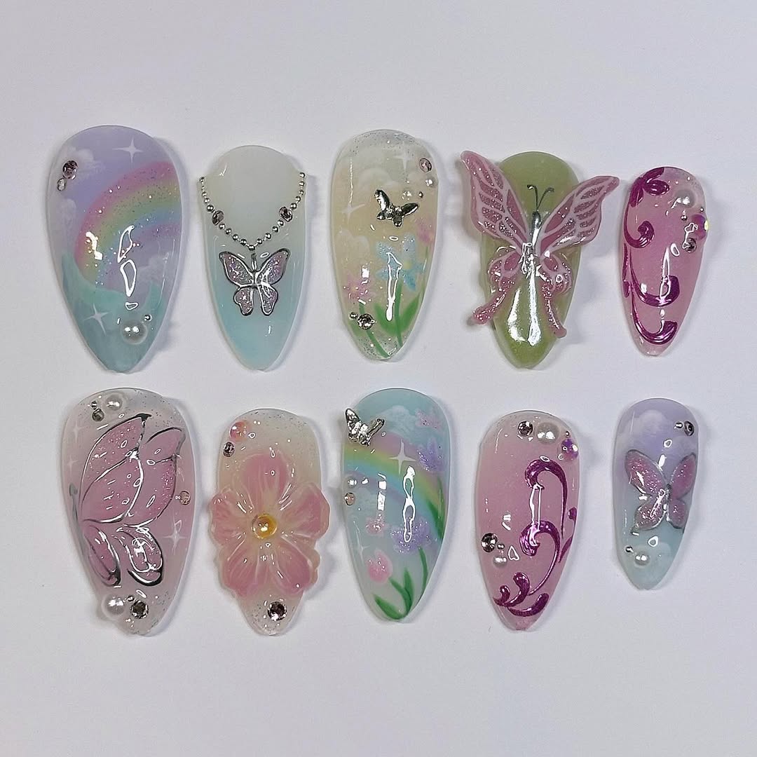 Pastel Butterfly Garden Press On Nails with 3D Flower and Rainbow Art