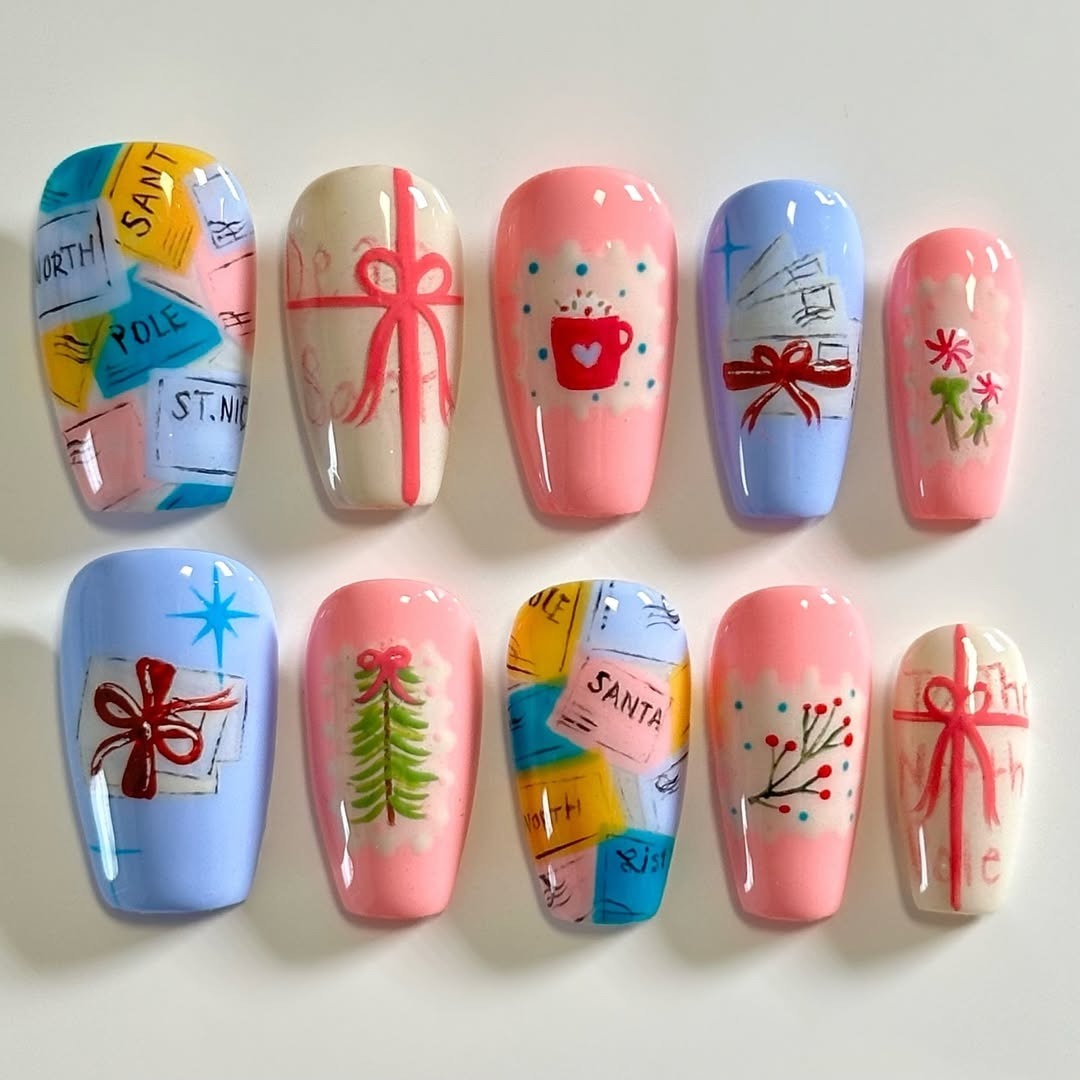 Pastel Christmas Letter Gift Press On Nail Set Cute Winter