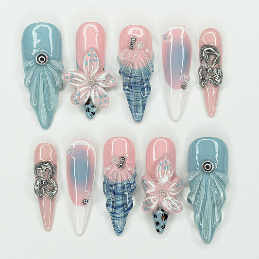 Pastel Chrome Plaid 3D Butterfly Press On Nails