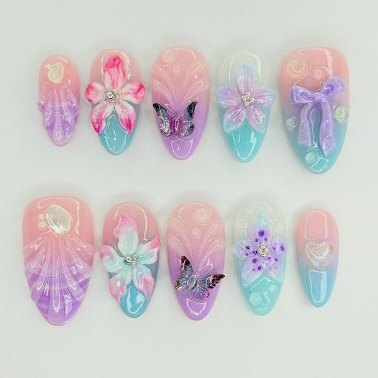 Pastel Fantasy Press-On Nails with 3D Flowers and Butterflies