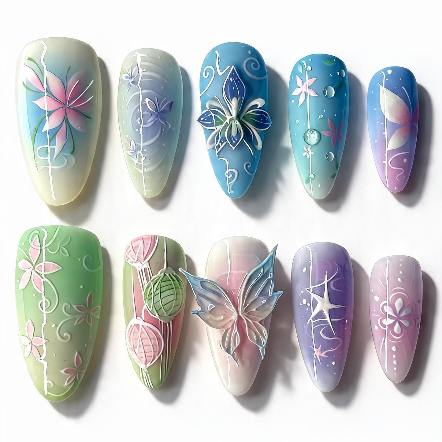 Pastel Floral Press On Nails 3D Butterfly Spring Garden Art Set